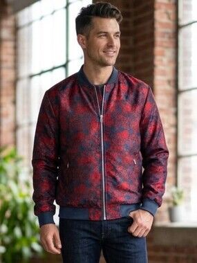 JOGAL STYLE Embroidered Satin Flight Bomber Jacket Floral Red Blue Men XL